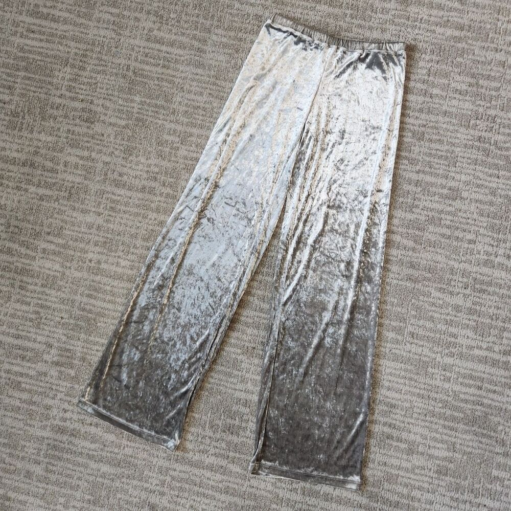 Fuzzi Italy Silver Crushed Velvet Wide Leg Palazzo Pants Women Size 42 US 6